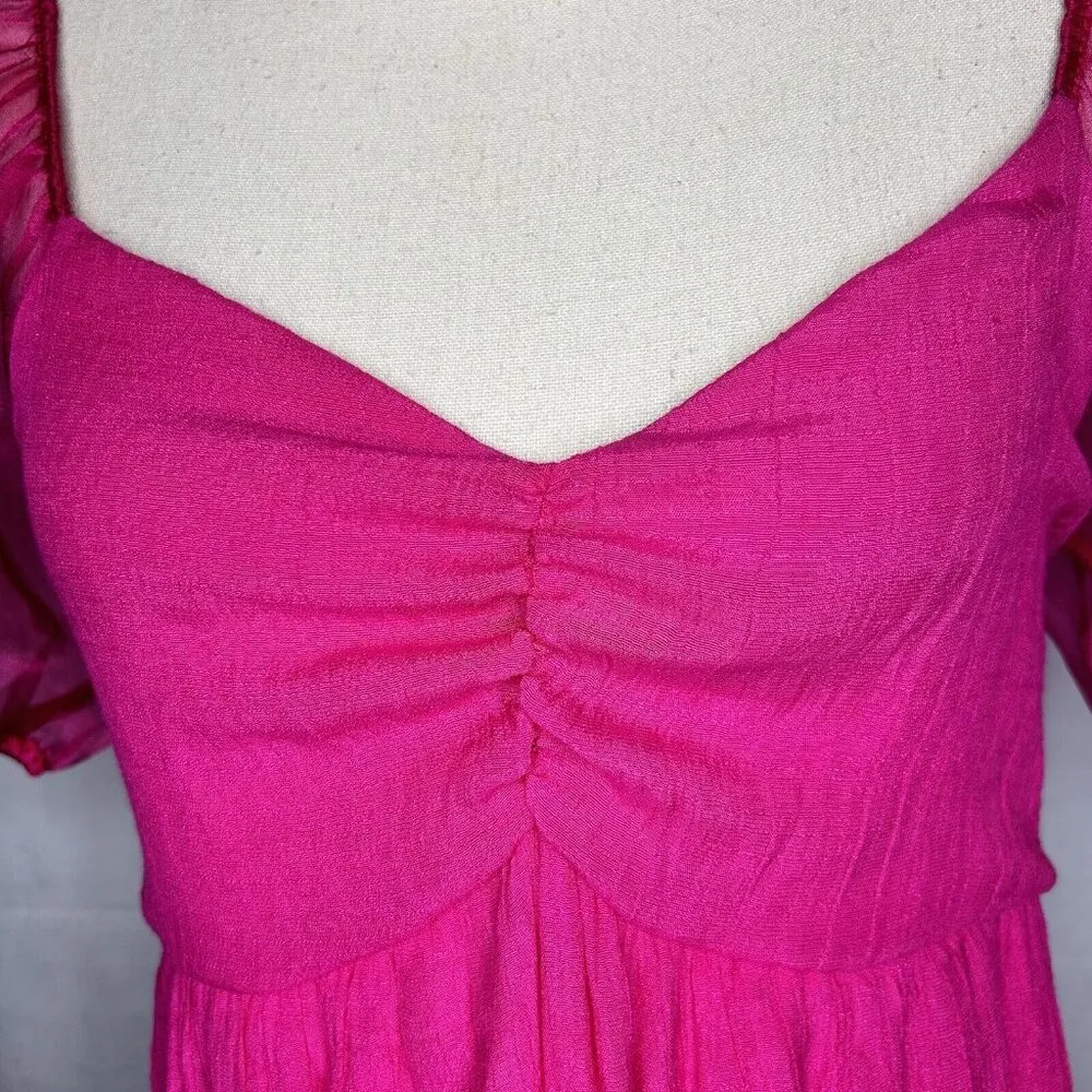 Altar'd State Sz M V-Neck Short Puff Sleeve Mini A-line Dress Pink Tie-Back - Image 5