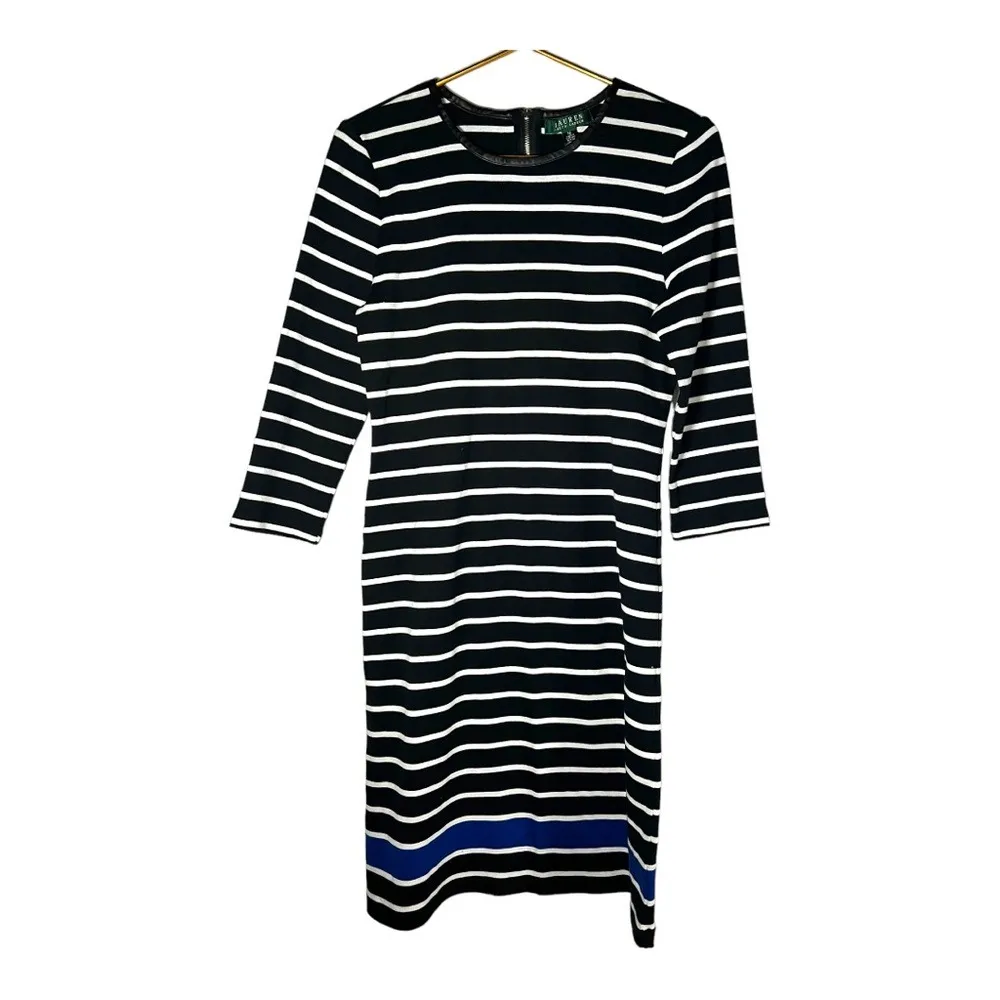 Lauren Ralph Lauren Women's Black White Striped Dress Size M Faux Leather Trim Size M - Image 2