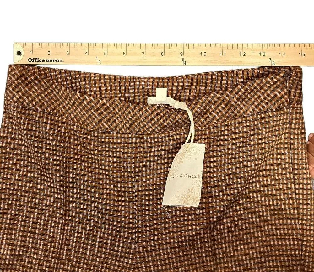 Hem & Thread NWT  Check Print Flare Pants In Russet Brown Size Medium - Image 7