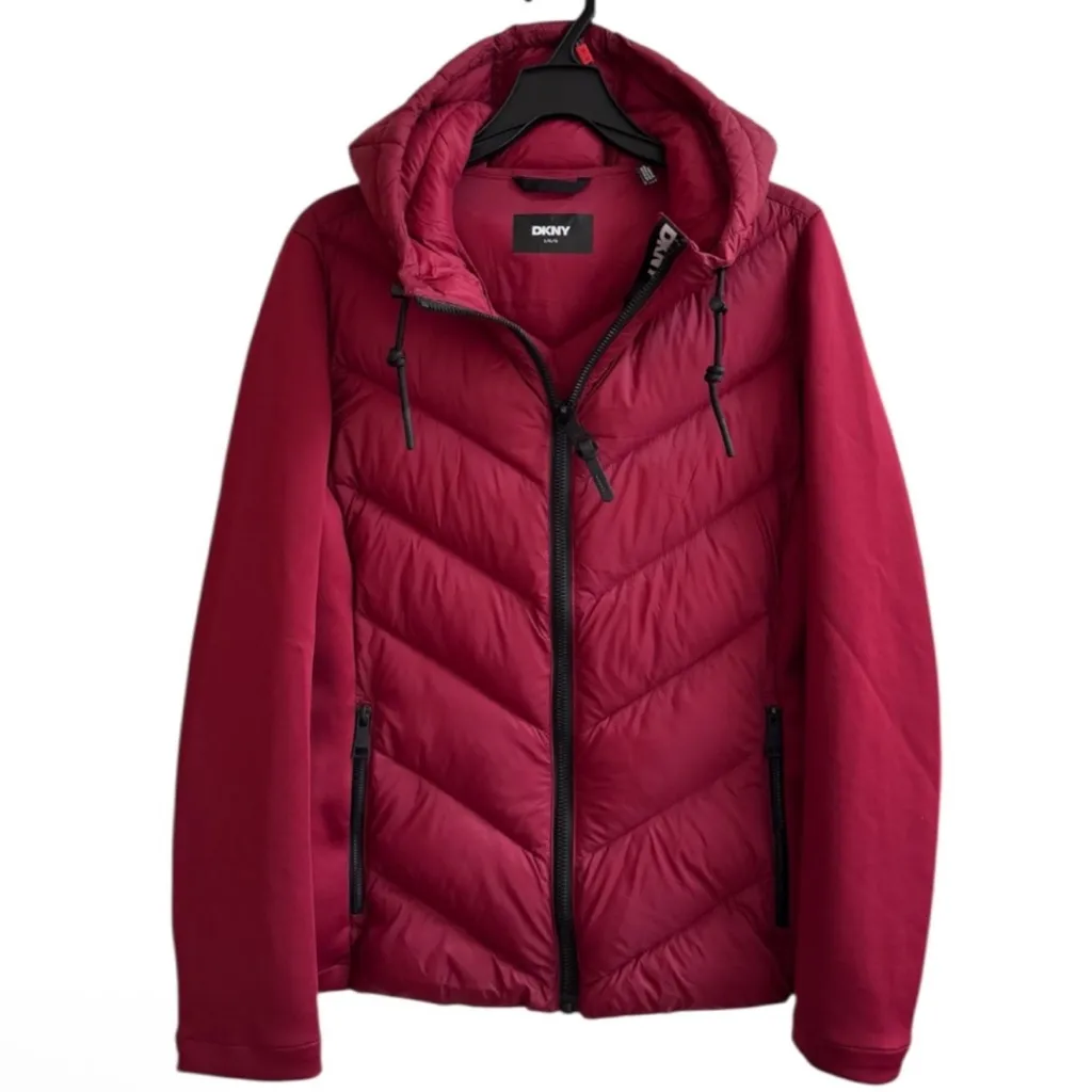 DKNY Women's Red puffer Jacket. Size S. Stretch sides and arms for comfort. Hood - Image 2