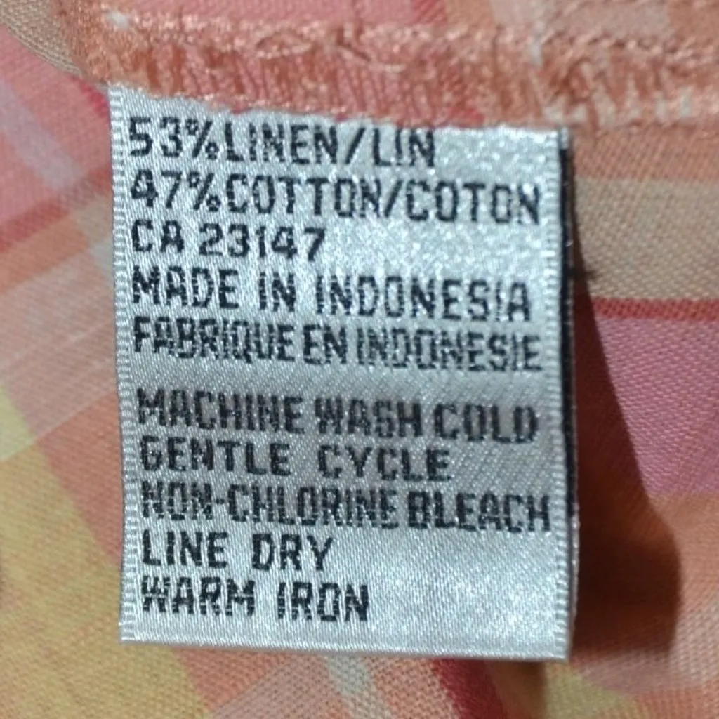 Talbots Ladies L Petite Peach Plaid Button Up Shirt Irish Linen Blend 3/4 Sleeve - Image 8