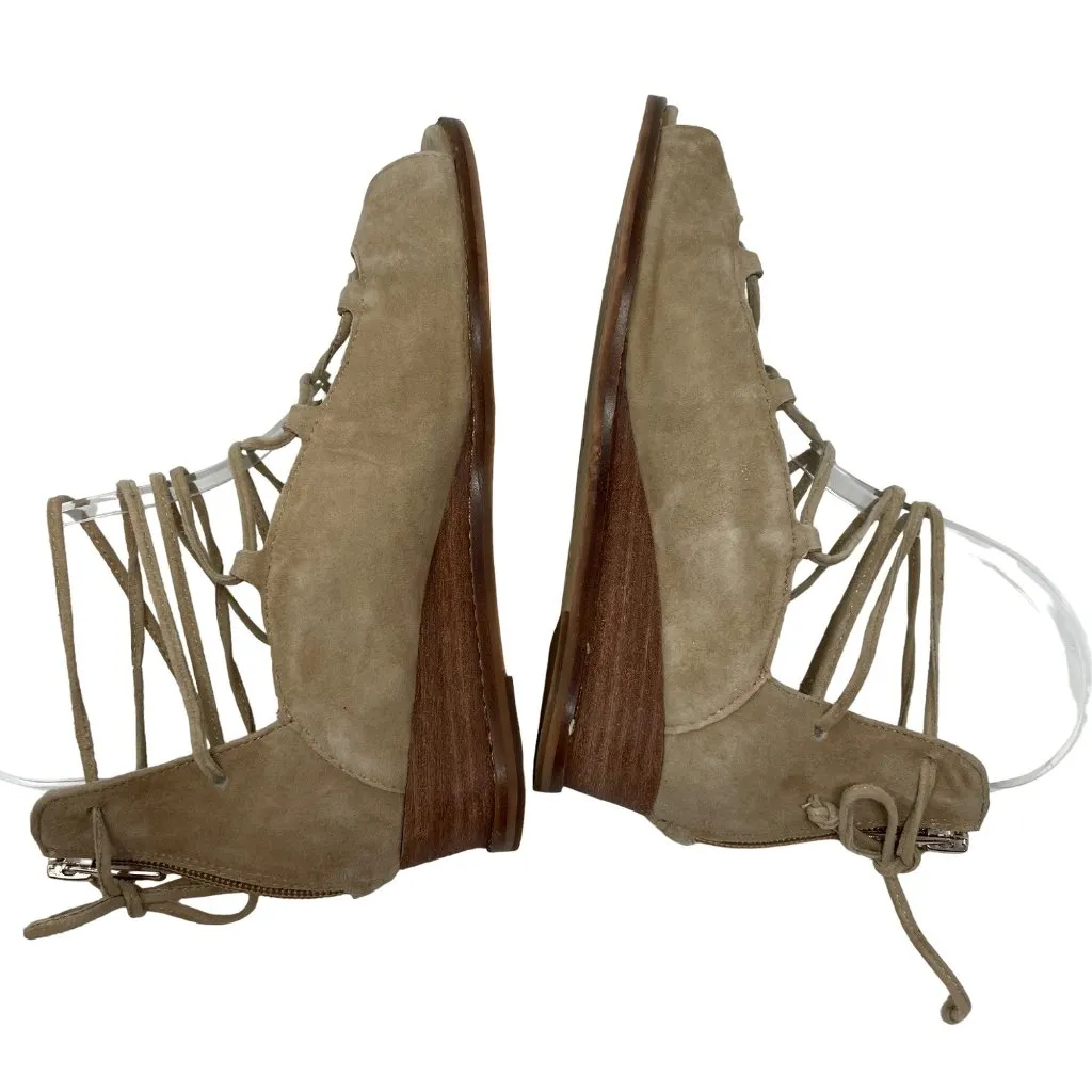 Vince Camuto Rochela Suede Wedge Size 7.5 Sandal Lace-up Tan Peep Toe - Image 5