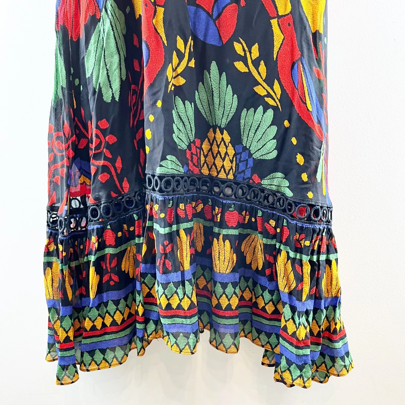 Farm Rio Georgette Tropical Puff Sleeve V-Neck Ruffle Maxi Dress Black Medium - Image 7