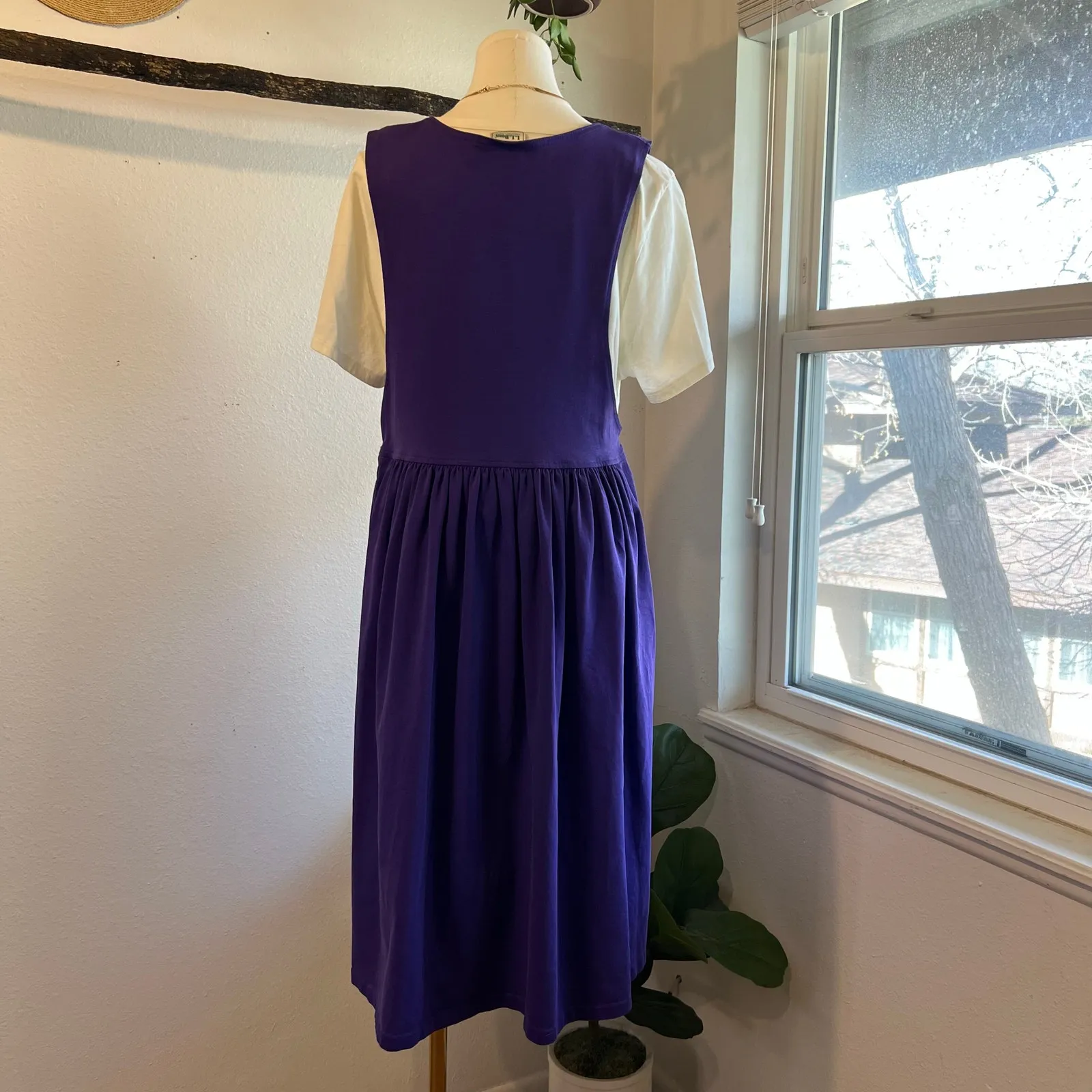 L.L. Bean USA Purple 100% Cotton Overall Jumper Dress Size Large Button Sides - Image 8