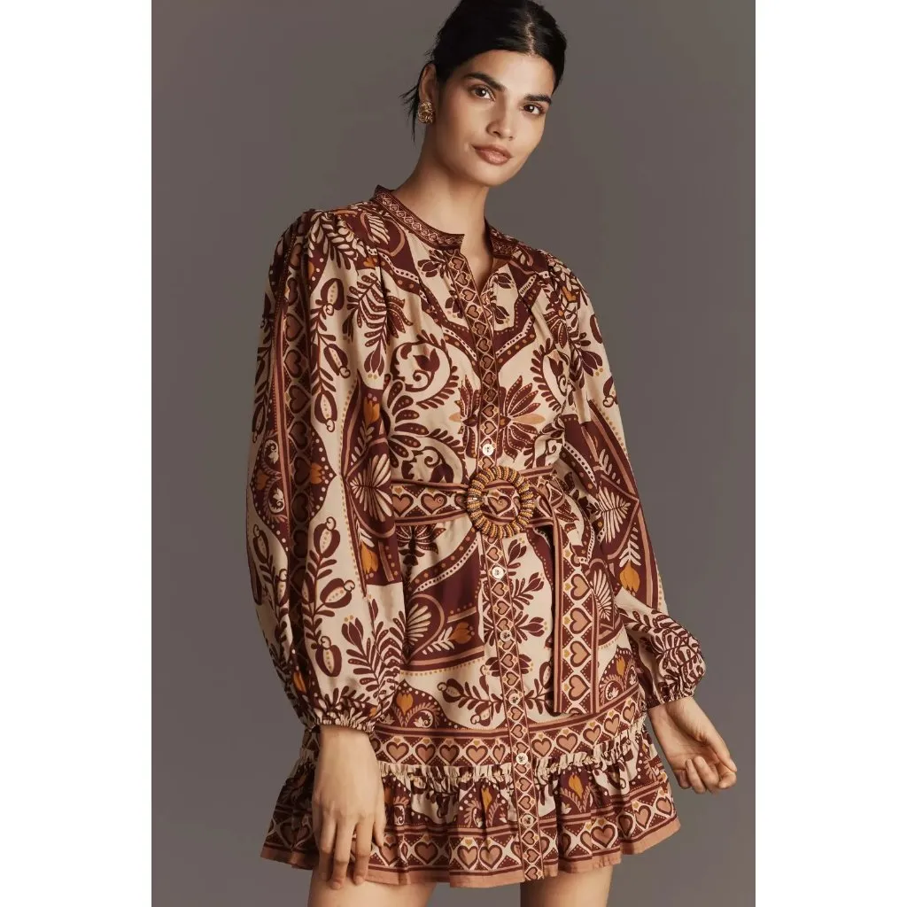NWT Farm Rio x Anthropologie Long Puff Sleeve Belted Mini Swing Shirt Dress S - Image 8