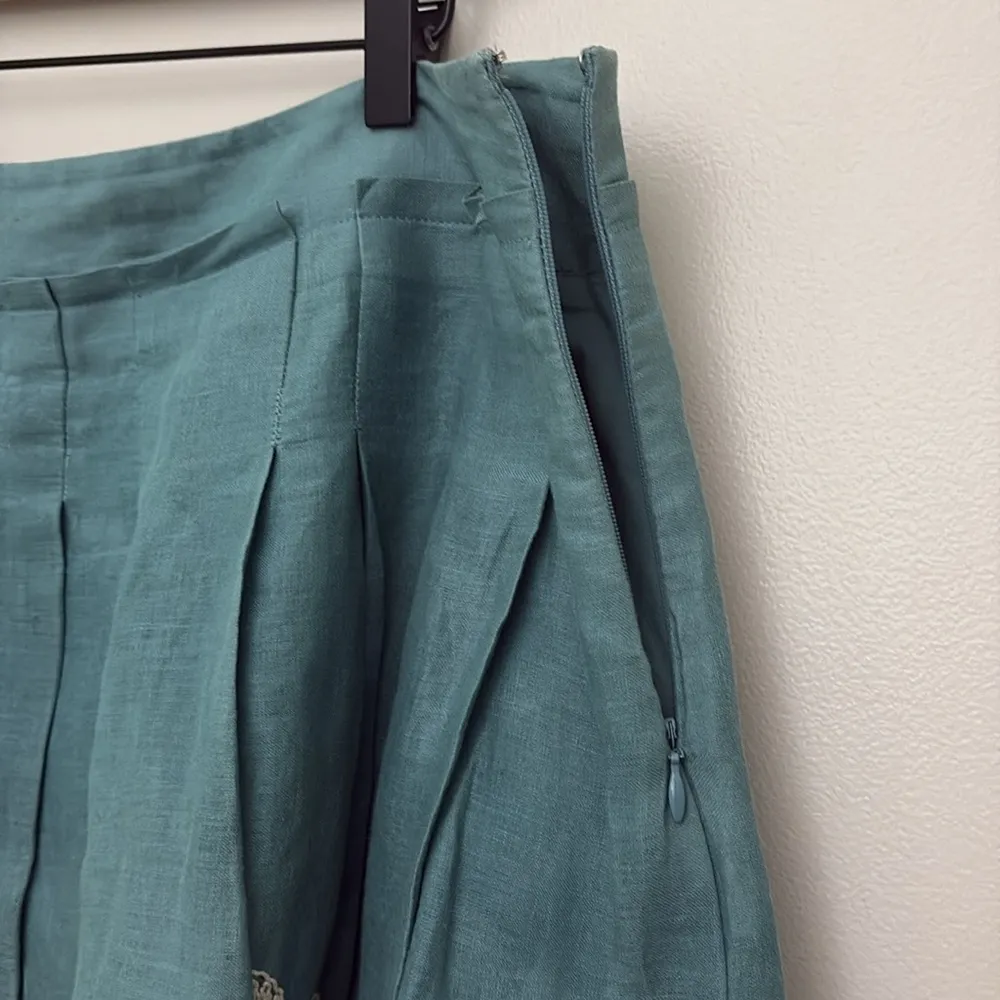 Talbots Floral Embroidered Pleated Skirt 100% Linen Teal Lined Cottagecore Sz 14 - Image 6