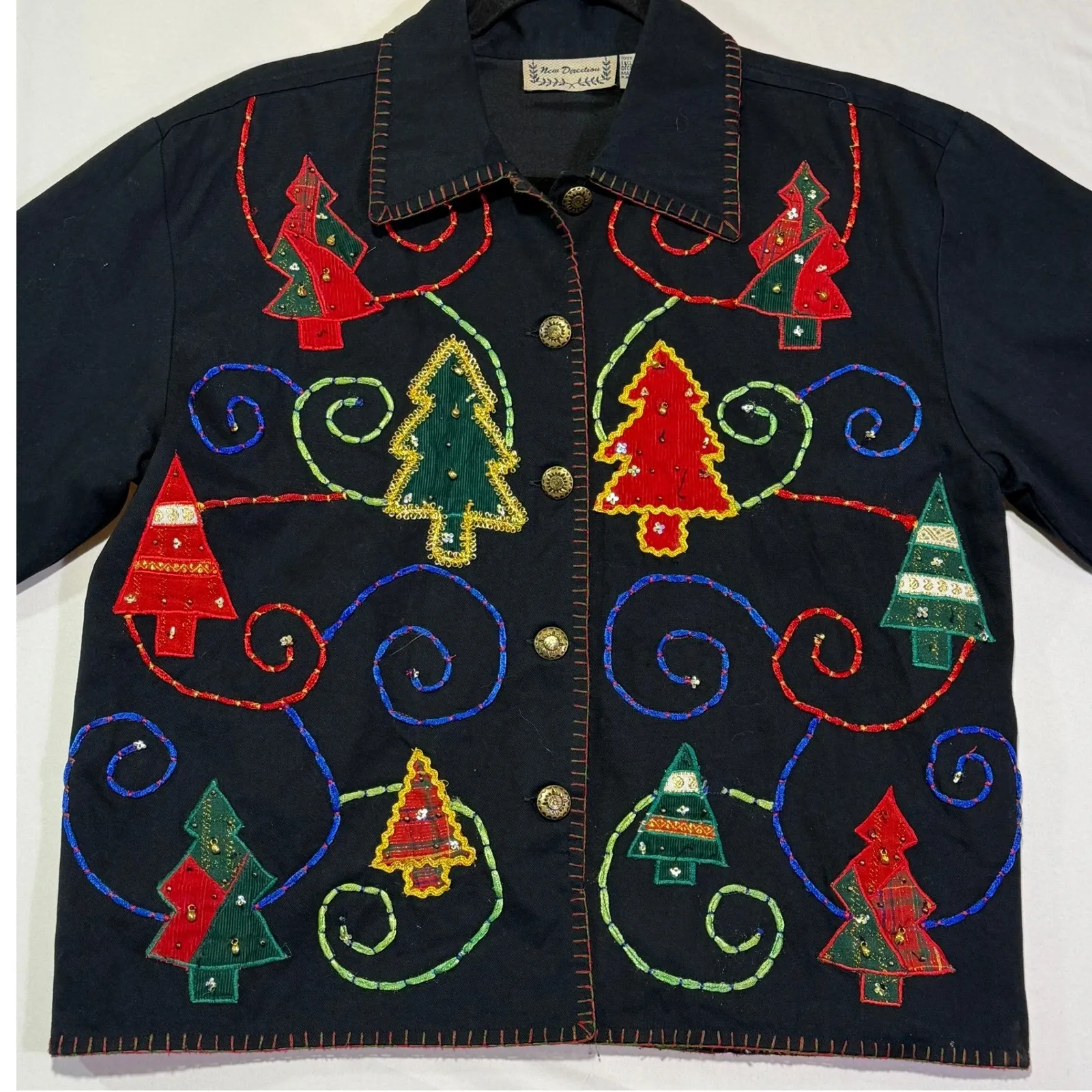 Vintage New Directions‎ Christmas Tree Embroidered Button Down Holiday Jacket Black - Image 2