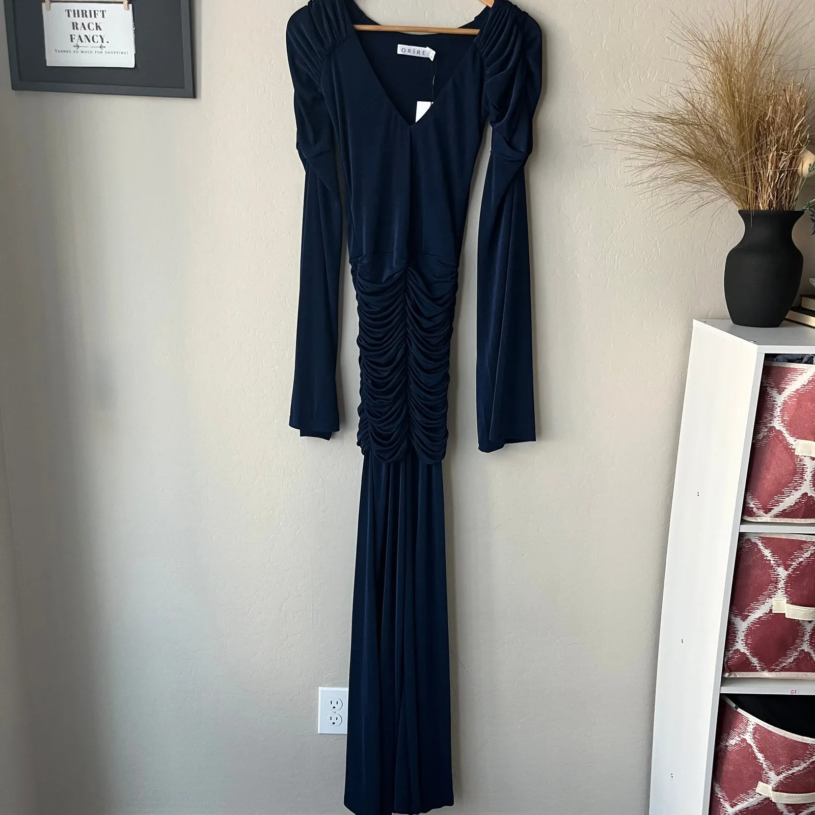NEW ORIRE Dress Maya‎ Blue Ruched Long Sleeve Draped Maxi Gown Size 0 - Image 3