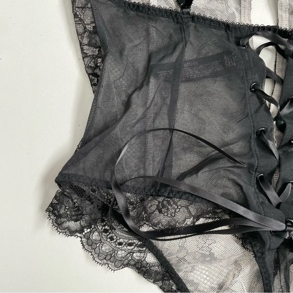 Victorias Secret Body Suit Nighty Thong Lace Plunge Neck Corset Lace Up Black - Image 9