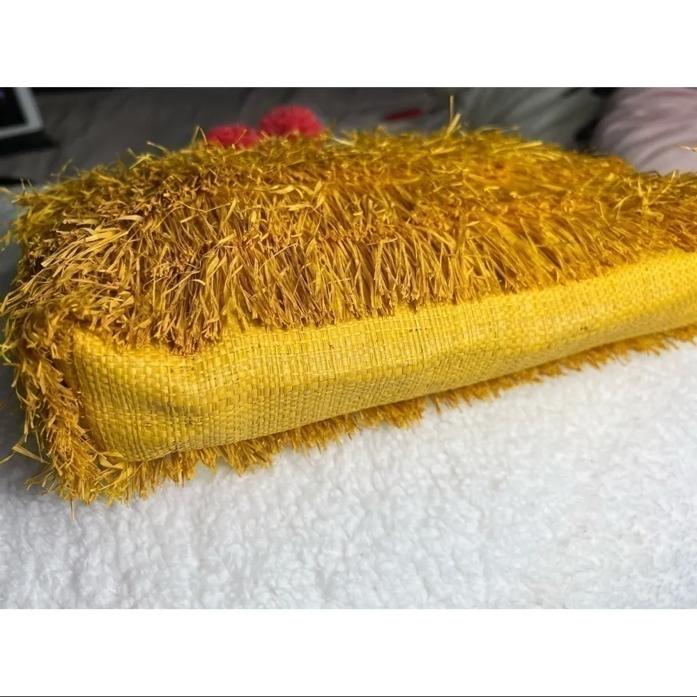 Yellow Fringe Straw Clutch Cherry Pom Pom Zip Small Summer Beach Bag - Image 4