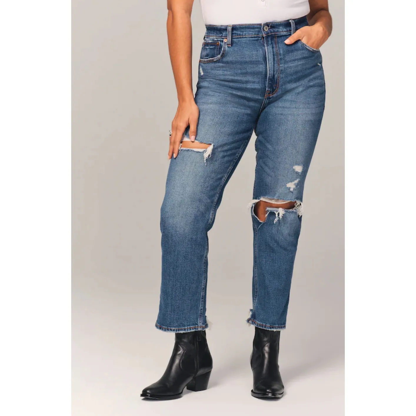 Abercrombie & Fitch Fitted Ultra High Rise Ankle Straight Distressed Denim Jeans - Image 2