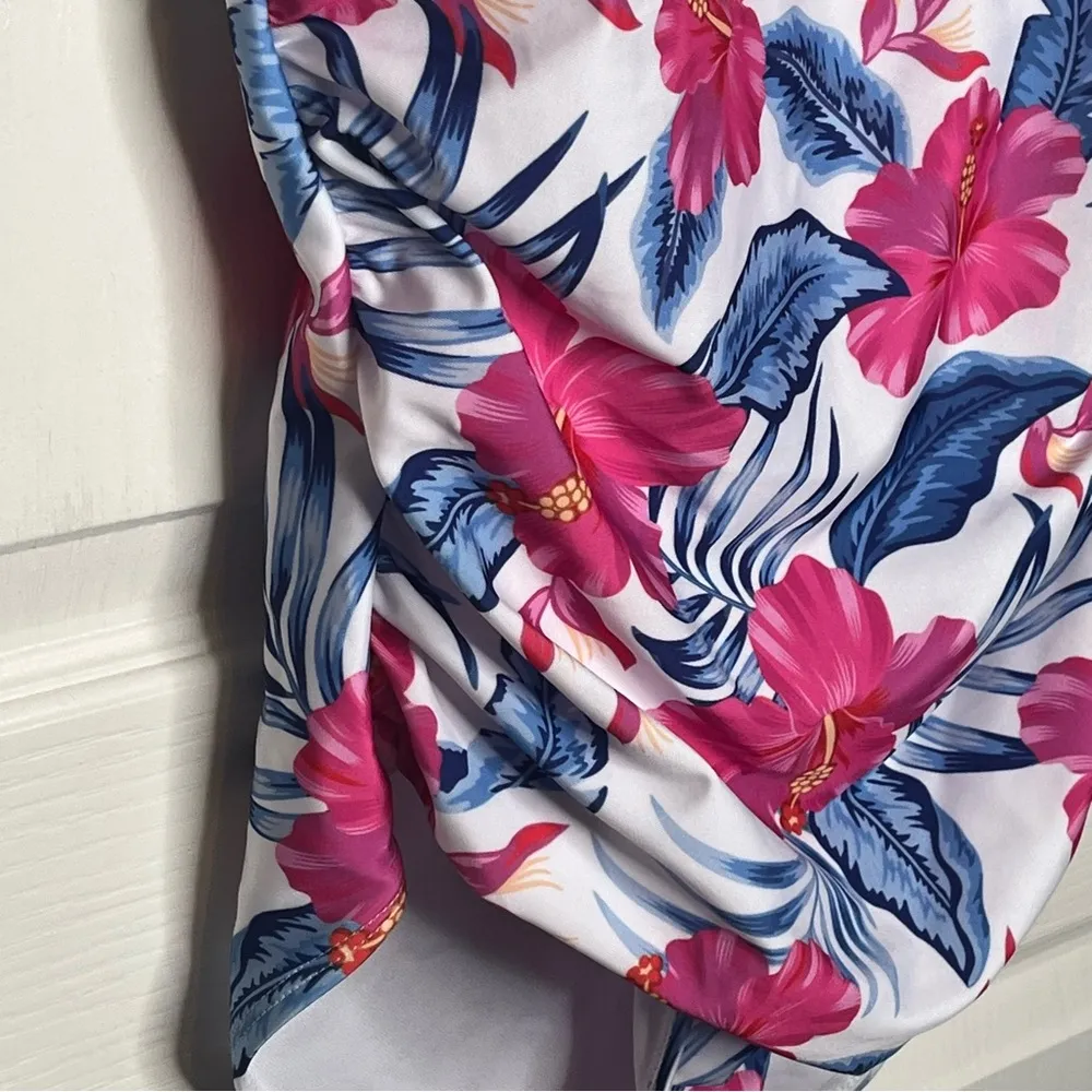 Nicole Miller Sz M One Piece Swimsuit Side Ruching Tropical Vintage Print New - Image 4