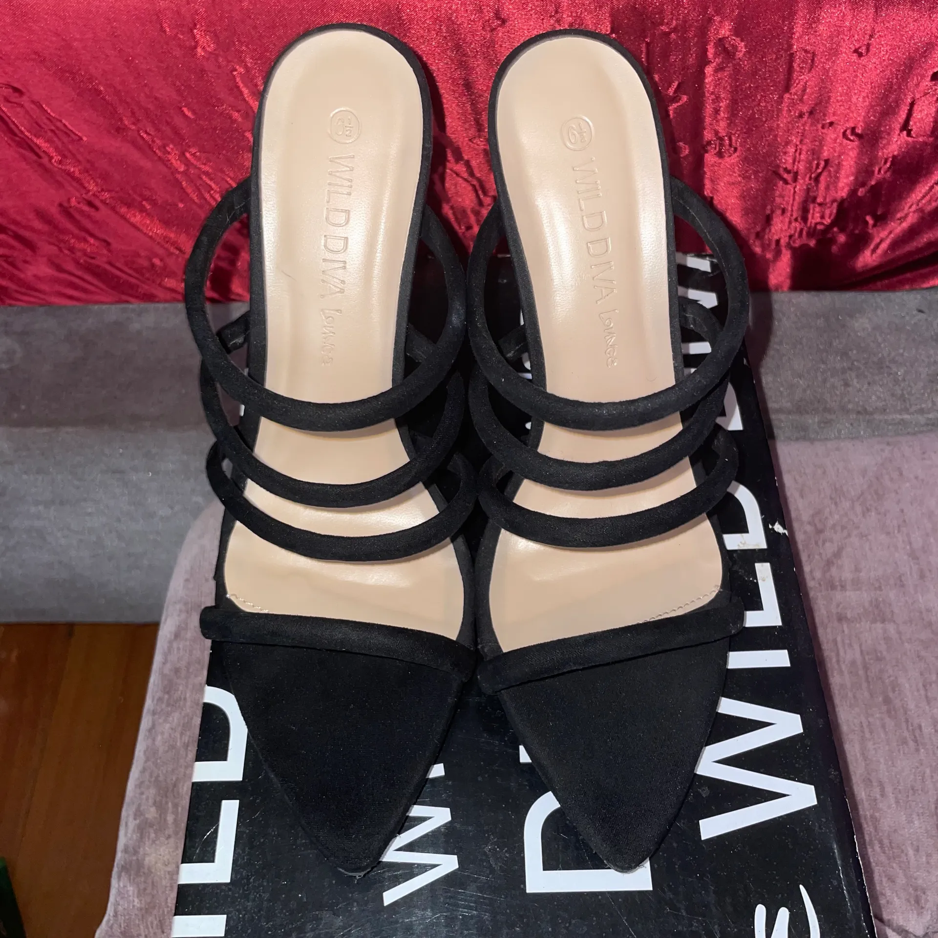 Black Strapped Suede Velvet Heels Size 6.5  - Image 2