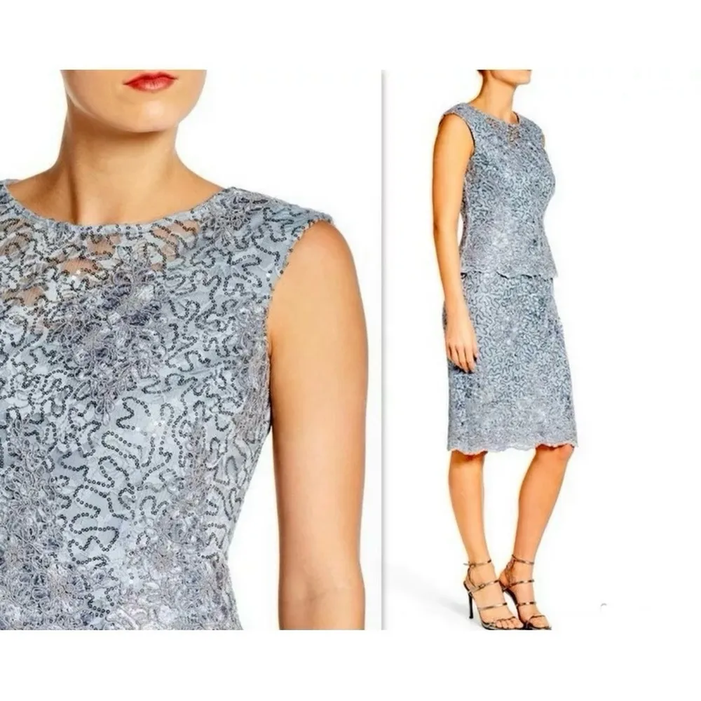 Alex Evening Silver Sequin Lace Sleeveless Cocktail Party Sheath Dress 4P PETITE - Image 2