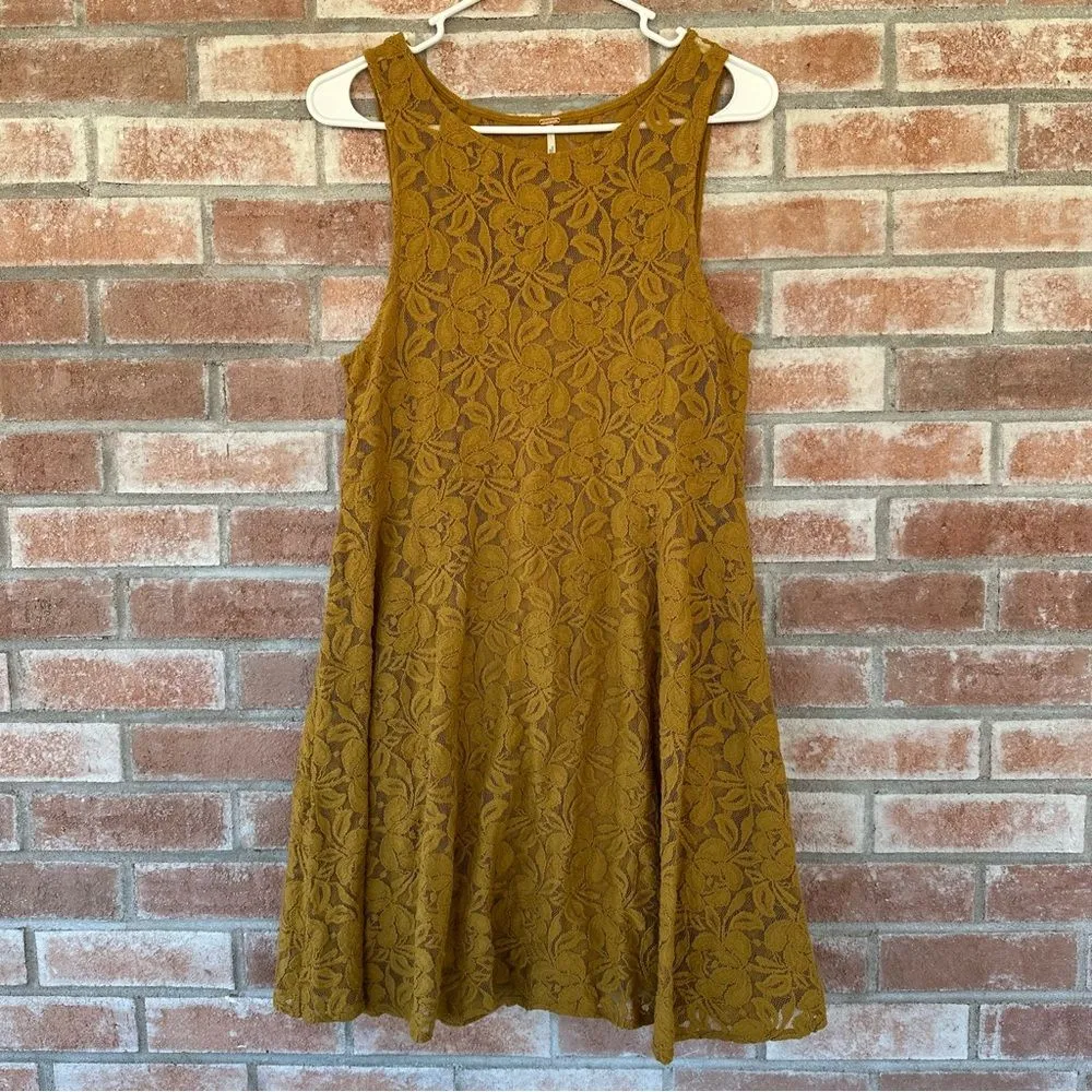 Free People Miles of Lace Mustard Yellow Dress Women’s Small Boho - Image 3