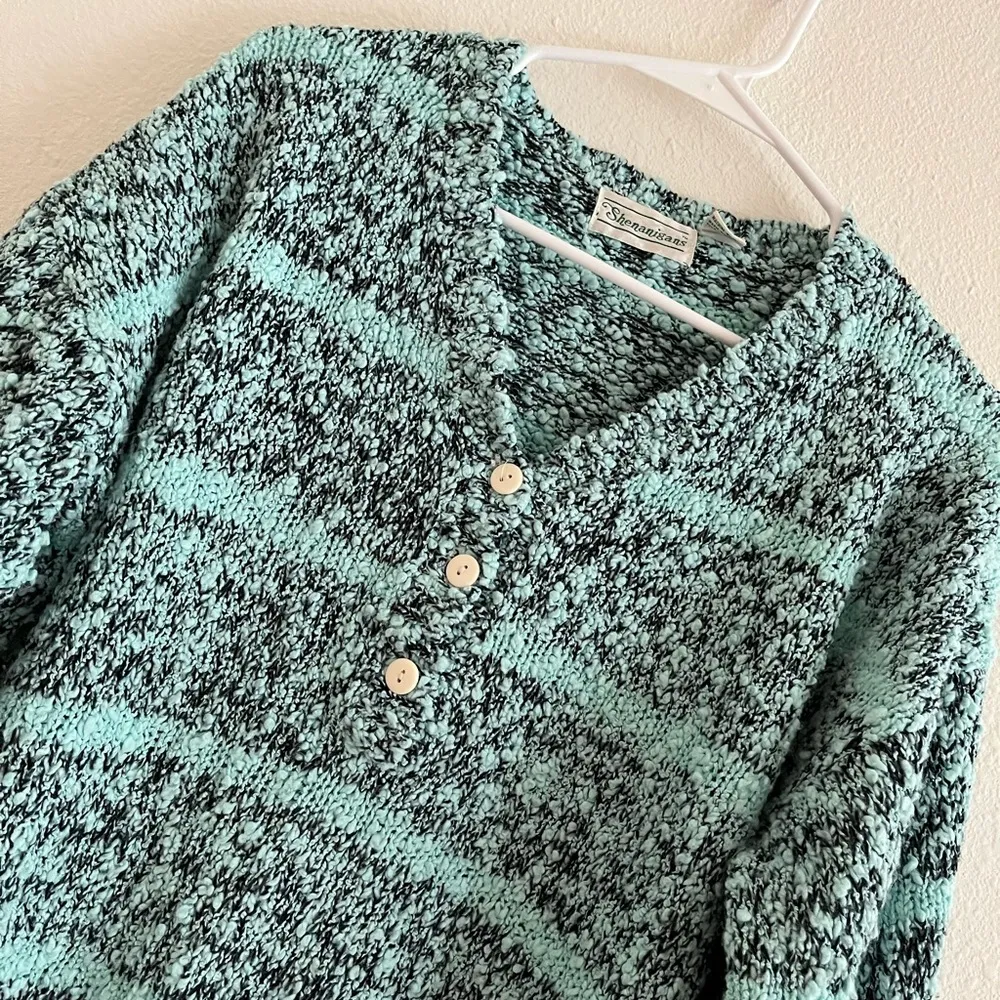 Y2K Vintage Shenanigans Chunky Knit Acrylic Button Turquoise Blue Sweater Medium - Image 3