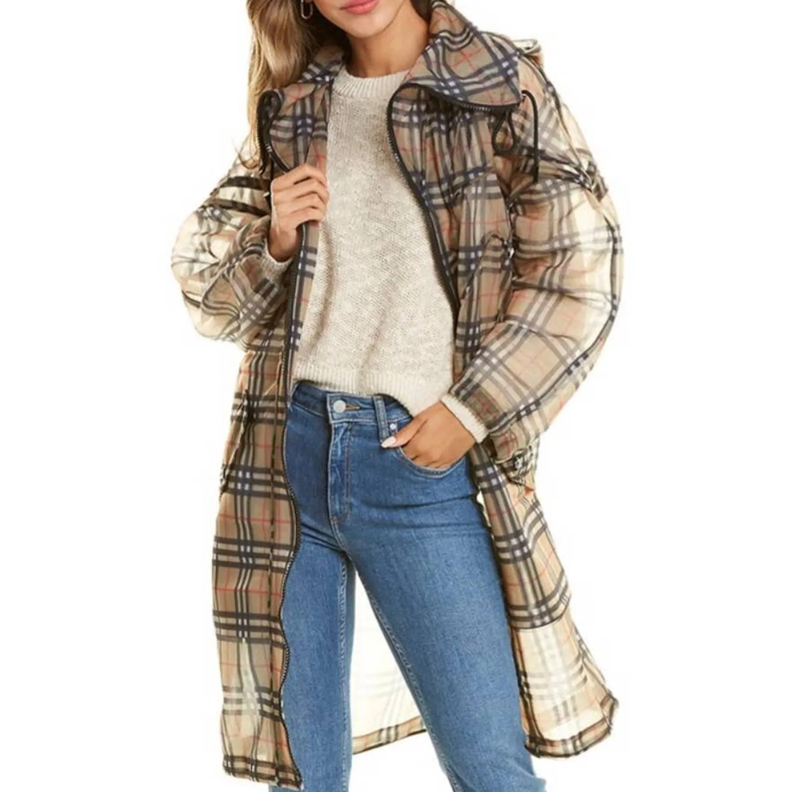 Burberry Nova Check Mesh Plaid Transparent Long Jacket - Image 7