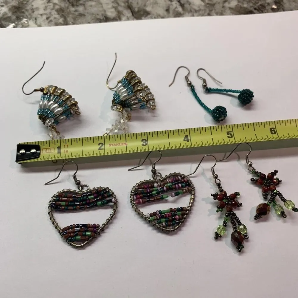 Lot Of 4 Handmade Costume Earrings Pierced Dangle Bead Heart, Indian Headdress - Image 10