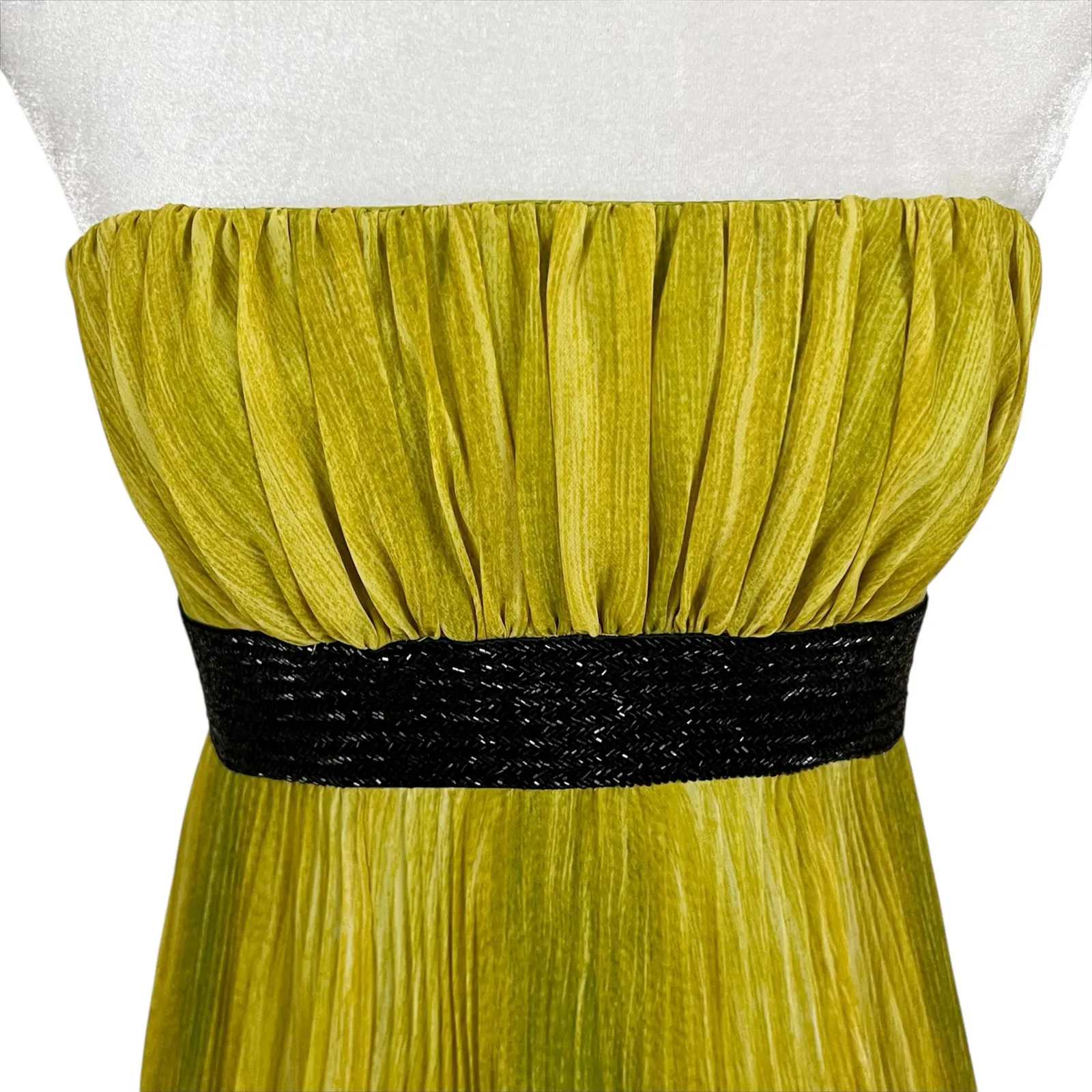 Carmen Marc Valvo Lime Green Pleated Strapless Beaded Waist Maxi Dress Gown 2 - Image 4