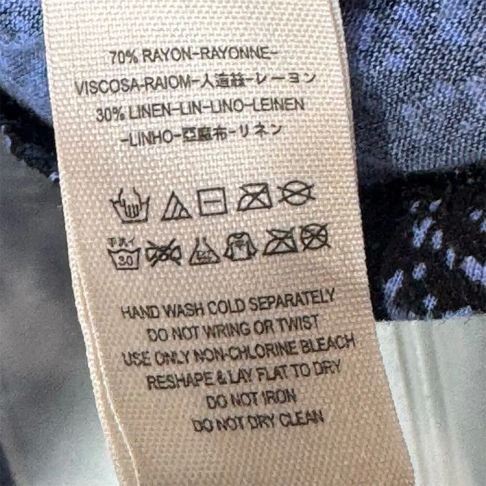 Free People Blue Linen Floral Hi-Low Long Ruched Sleeve Top S Boho Grunge Y2K - Image 7