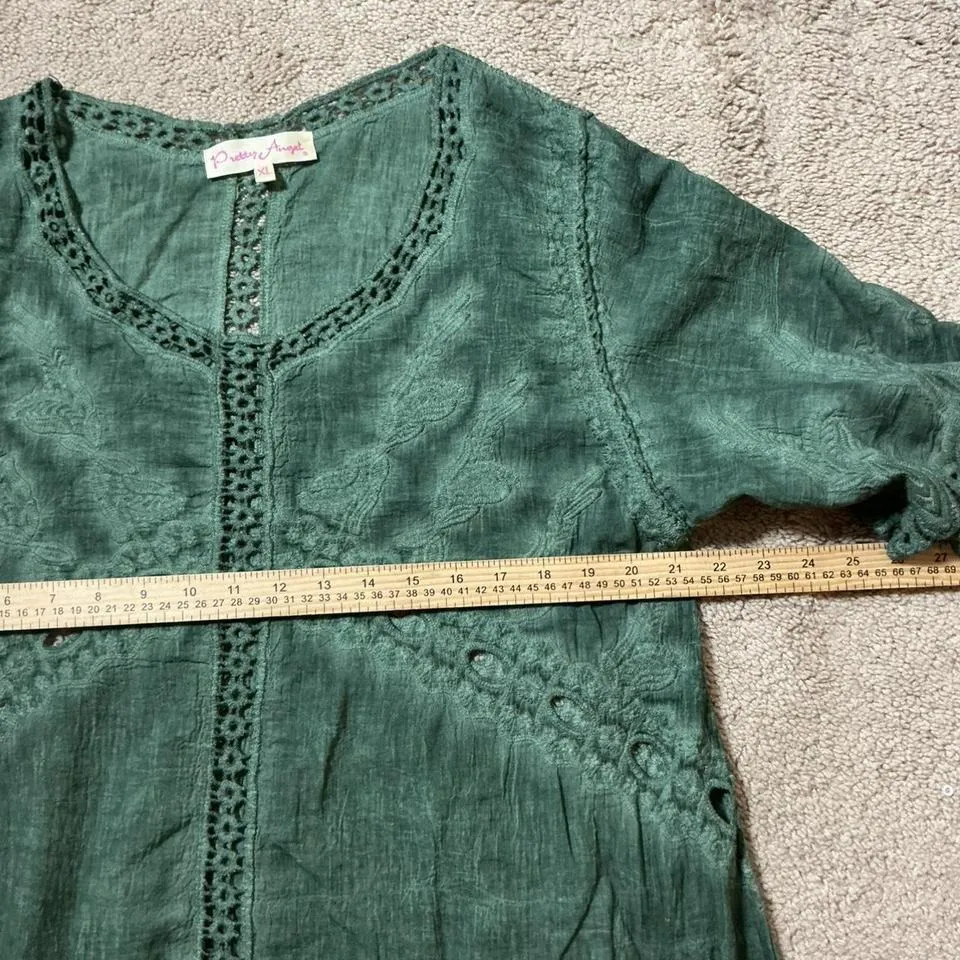Pretty Angel Green Embroidered Lace Trimmed Tunic Top XL Cover Up Beach - Image 3