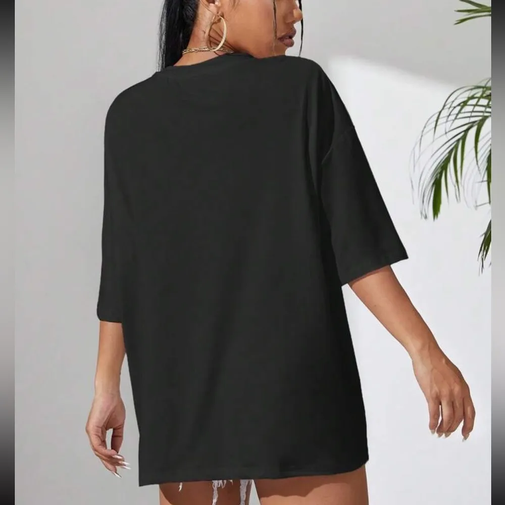 EZwear Audiotape And Letter Graphic Drop Shoulder Oversized Tee Graphic Women - Image 2