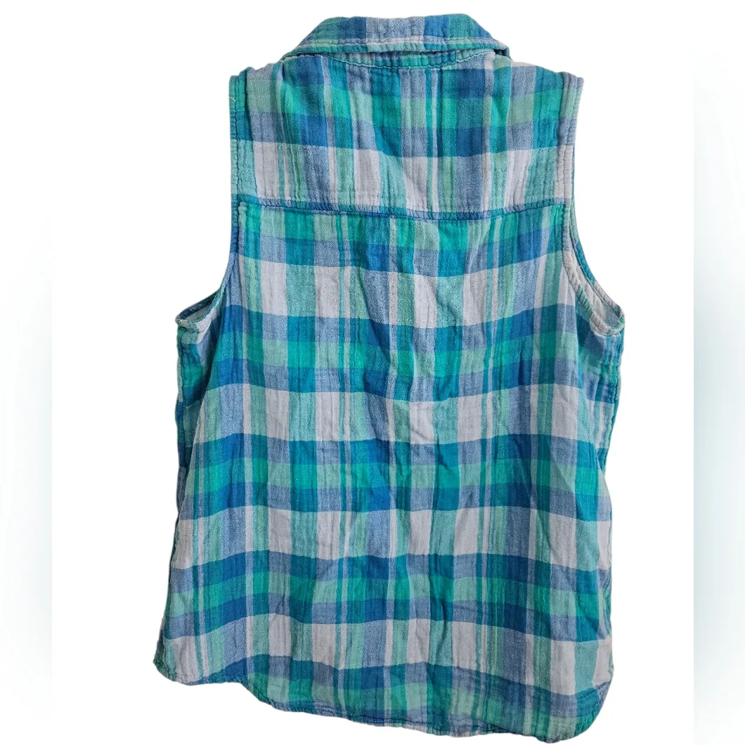 Time & Tru Blue Green Plaid Sleeveless Button Down Tank Top Cotton Blouse Sz M Size M - Image 4