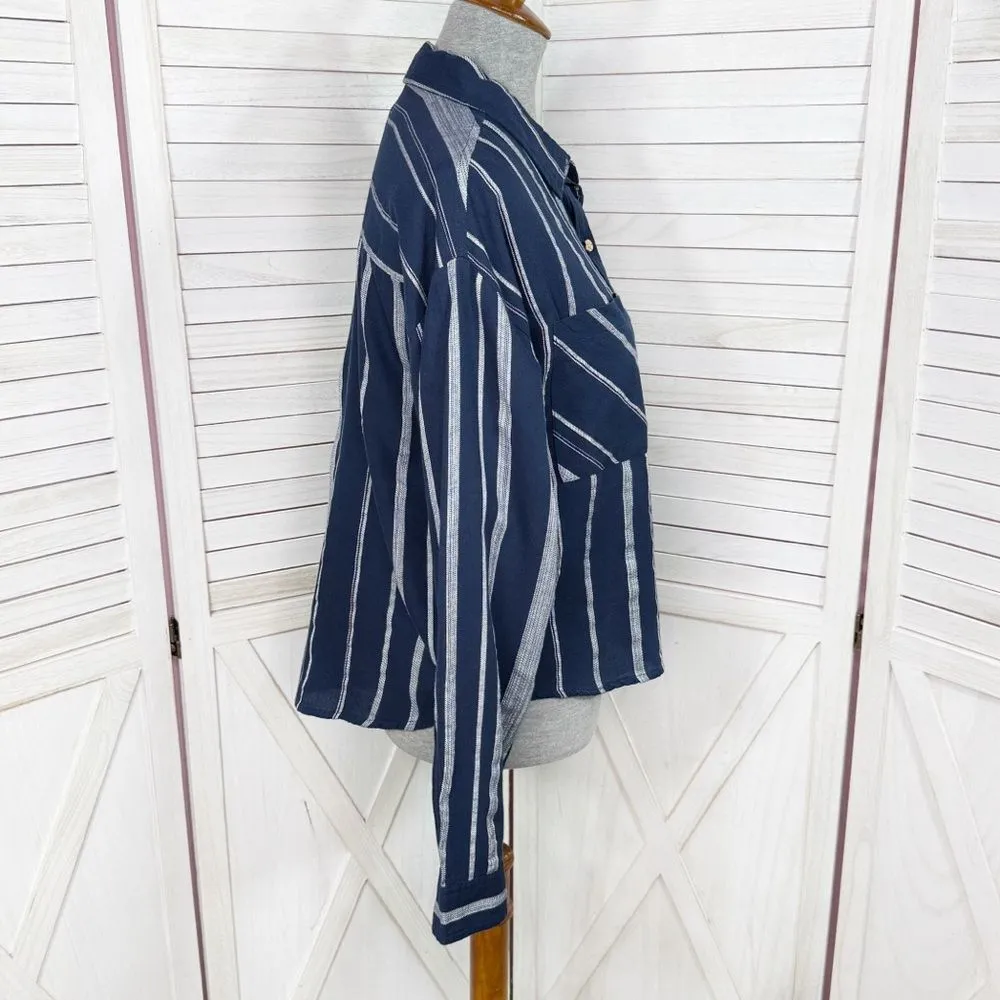 Sandy & Sid Striped Long Sleeve Button Up Crop Shirt Blue White Large - Image 3