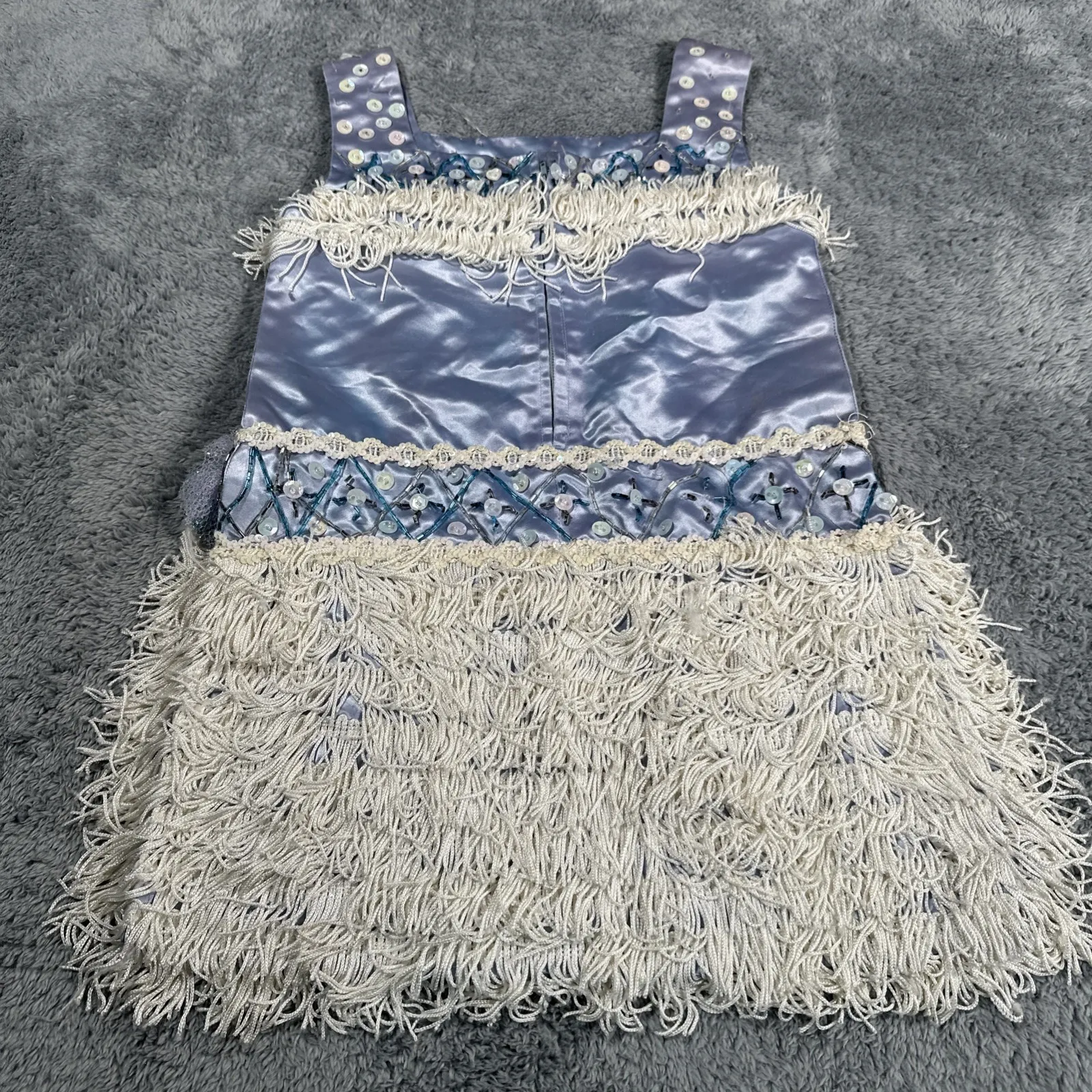 VTG Flapper Tassel Dress Shirt Beaded Sequin Fringe Gatsby Party Cocktail Blue - Image 13