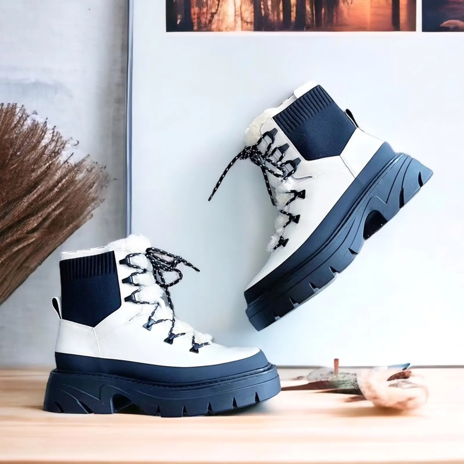 New! Marc Fisher Izuma Lugsole Boots in White/Black - Size 7.5 (MSRP $259) - Image 3