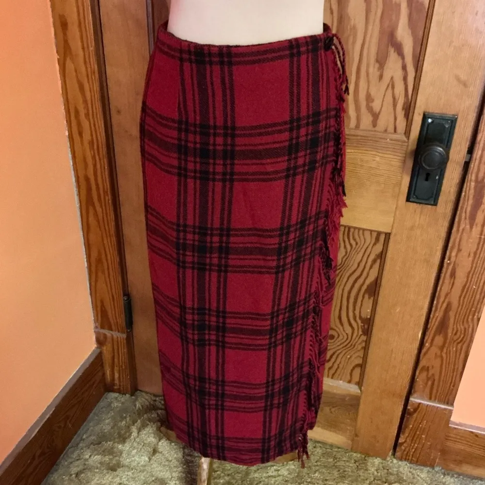 Vtg 90s wool plaid fringed wrap skirt Red Size 10P - Image 10