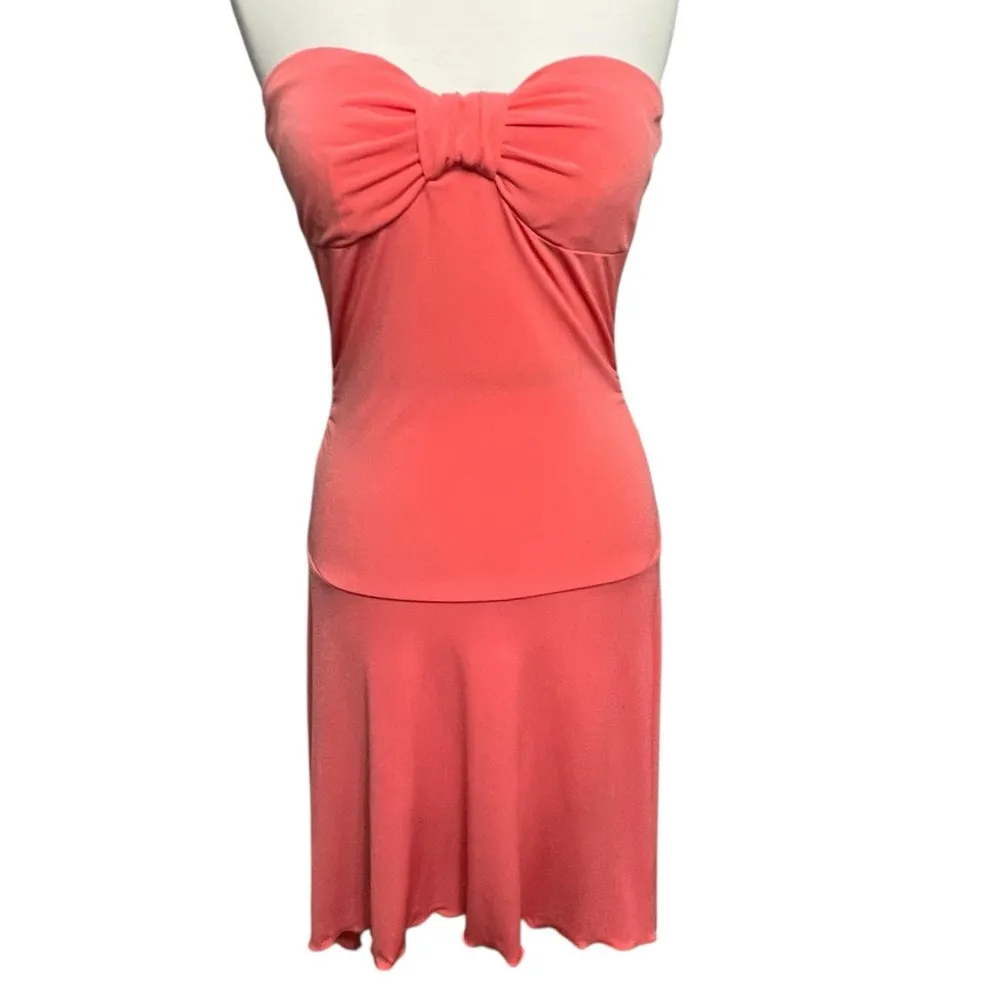 Rhapsody Y2K Strapless Bow Front Mini Dress M Coral Pink Sleeveless Coquette - Image 2