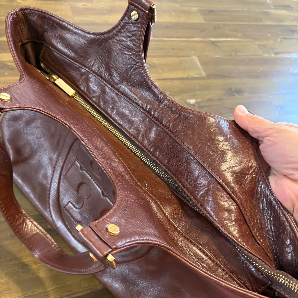 Tory Burch Bombe Large Logo Leather Tote Espresso Brown Chocolate Mocha Vintage - Image 15