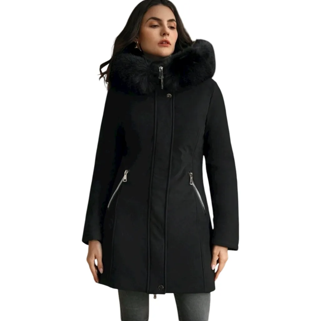 🆕Anewsta Women's Black Mid Length Cinched Waist Hooded Jacket Size L - Image 2