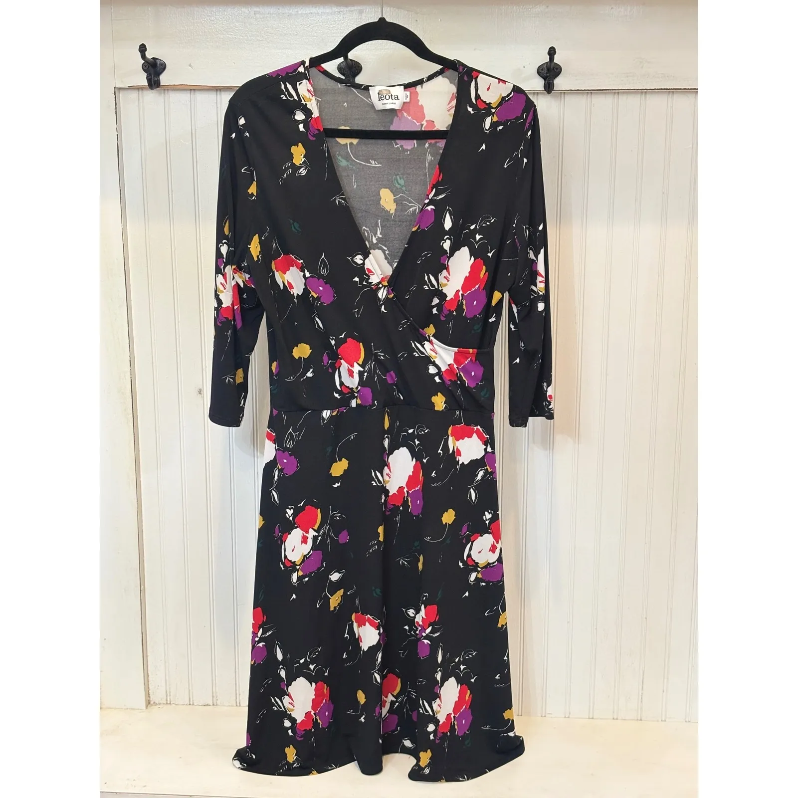 Leota Wrap Dress Black Floral Print 3/4 Sleeve V Neck Midi Plus Size XL - Image 2