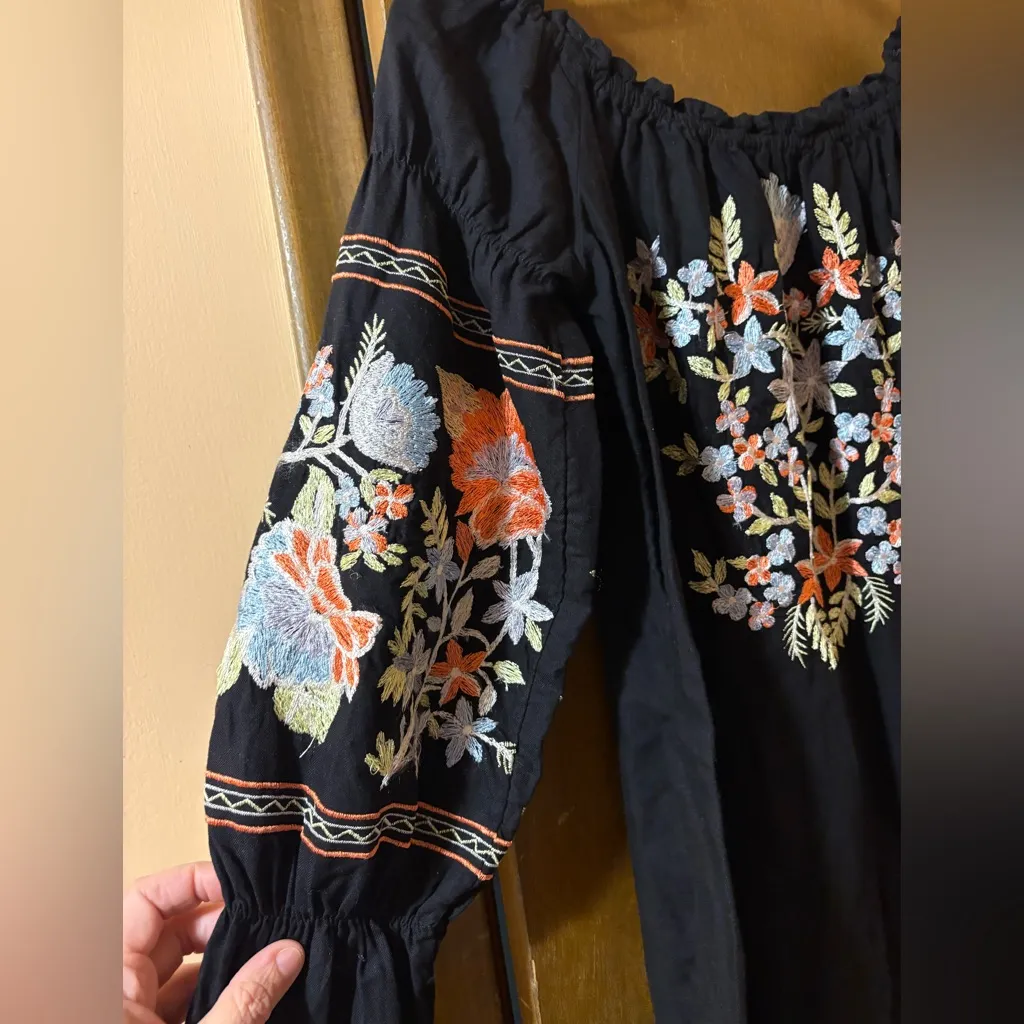 Free People Fleur Du Jour Embroidered Off the Shoulder Dress in Black - Image 5