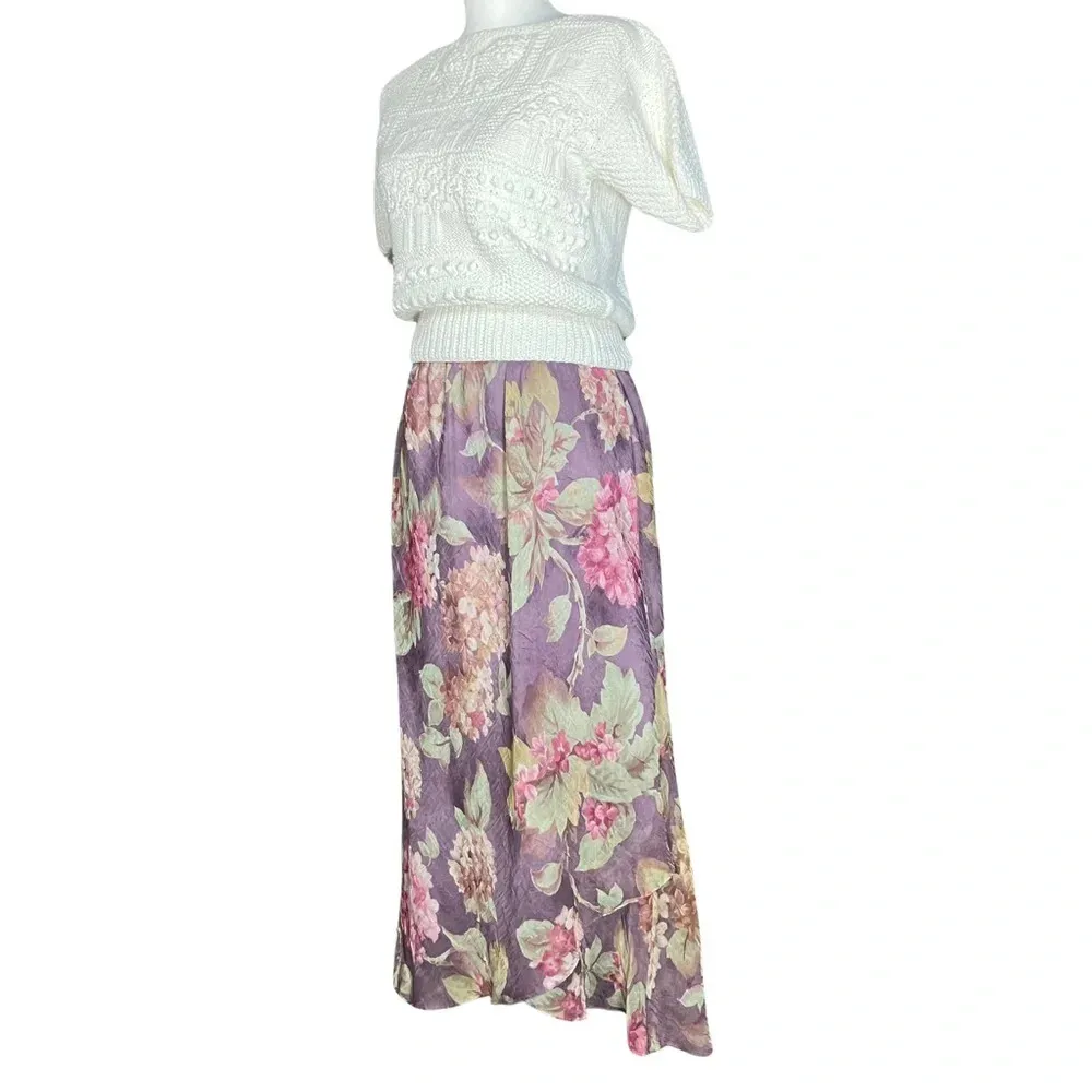 Vintage 90s Purple Floral Cottagecore Fairy Chiffon Ruffle Midi Skirt. Medium. - Image 4