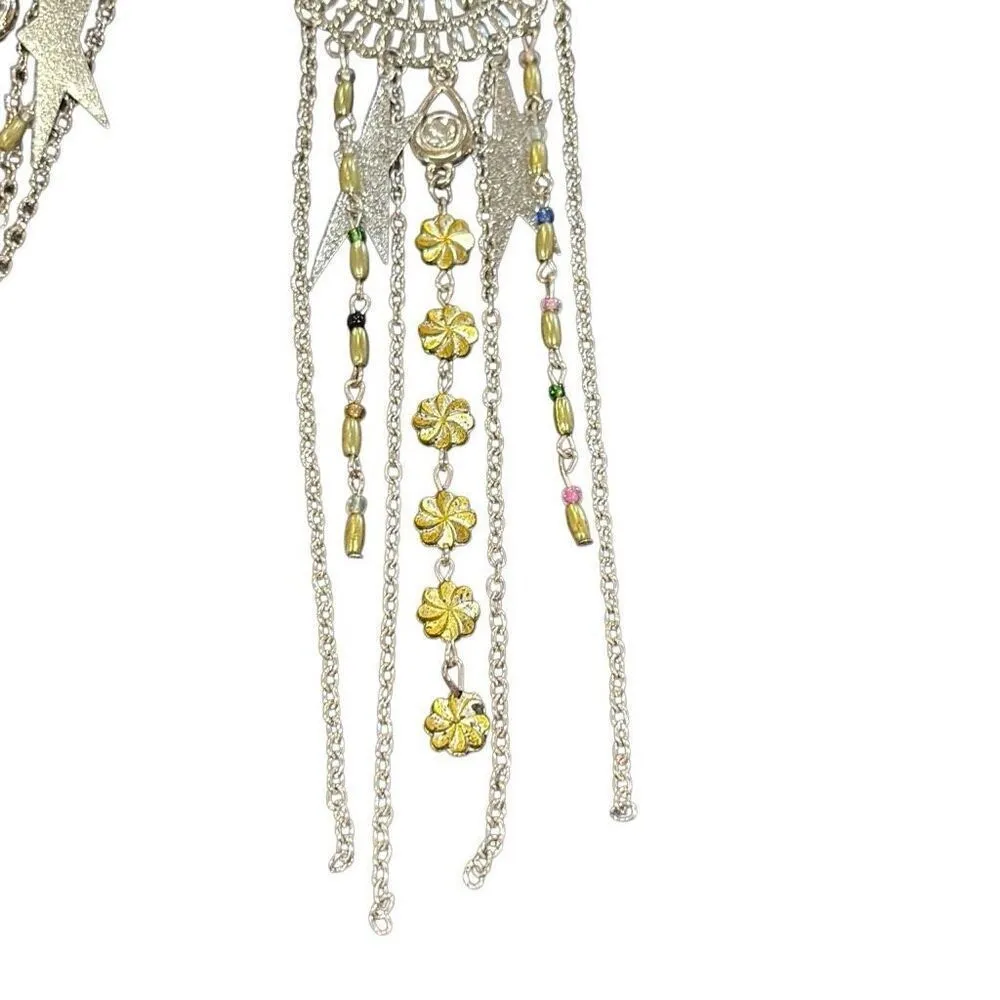 Silver Tone Teardrop Filigree Yellow Beaded Long Earrings Chain Fringe Stars NWT - Image 5