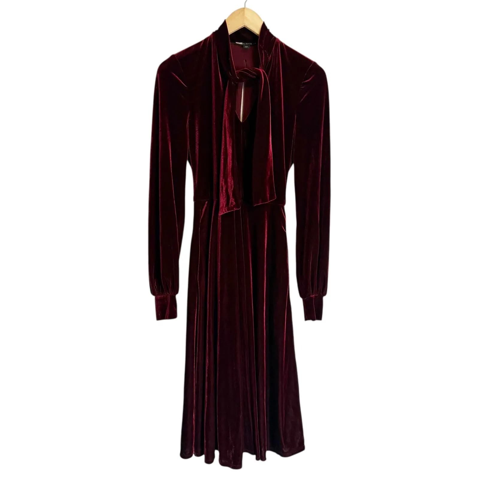 Black Halo Dark Red Velvet Ruby Bishop Long Sleeve Tie Neck Midi Dress Size 2 - Image 6