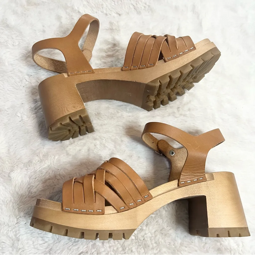Swedish Hasbeens Rutan Tan Leather & Wood Ankle Strap Lug Sole Sandals Size 7 - Image 10