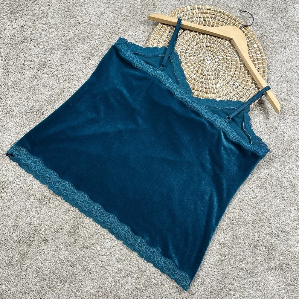 Coldwater Creek Velour Velvet Lace Trim Cami Tank Top V-Neck Fairy Green Blue 1X - Image 5