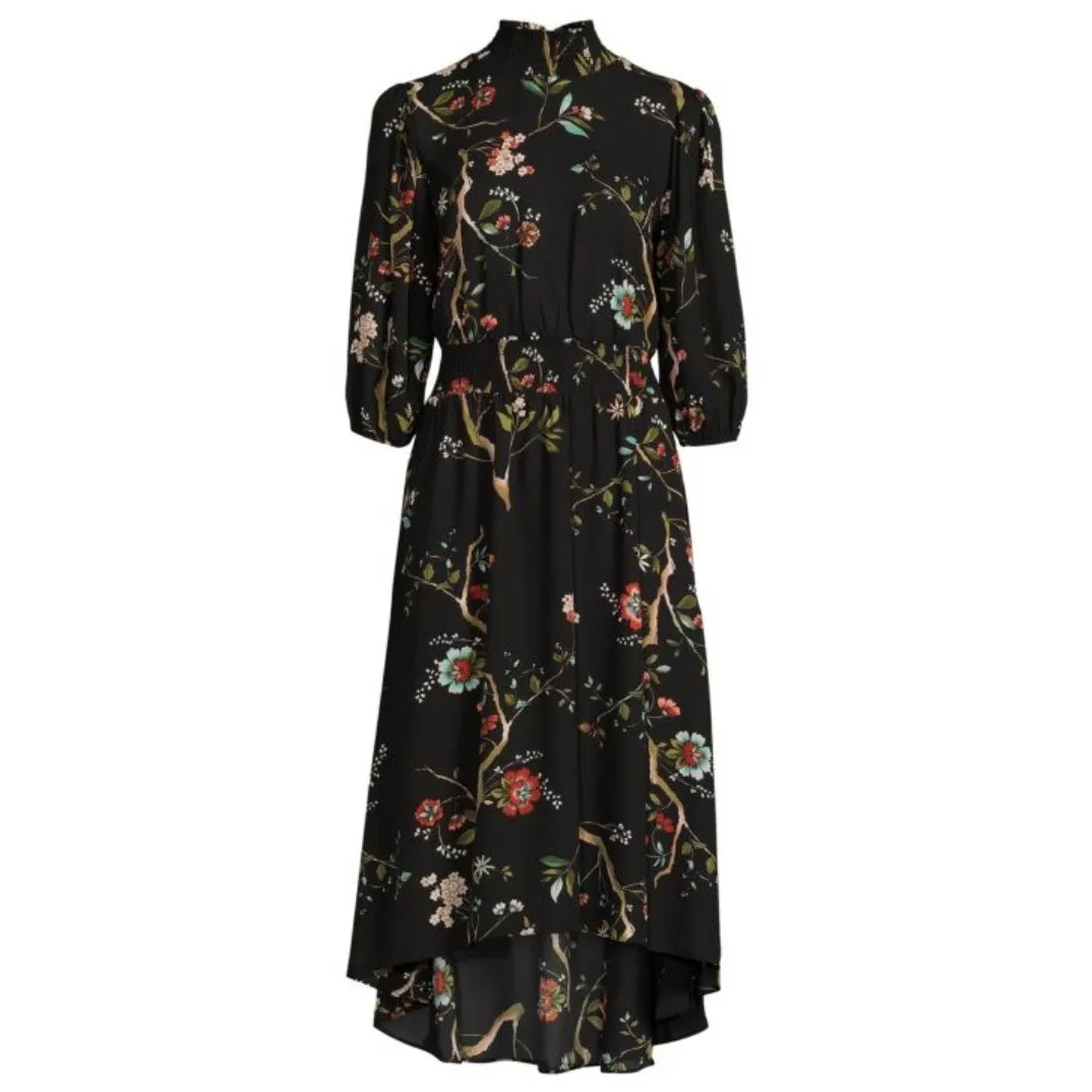 NANETTE NANETTE LEPORE Dress Size 8 Floral High Low Midi in Black Smocked Waist - Image 3