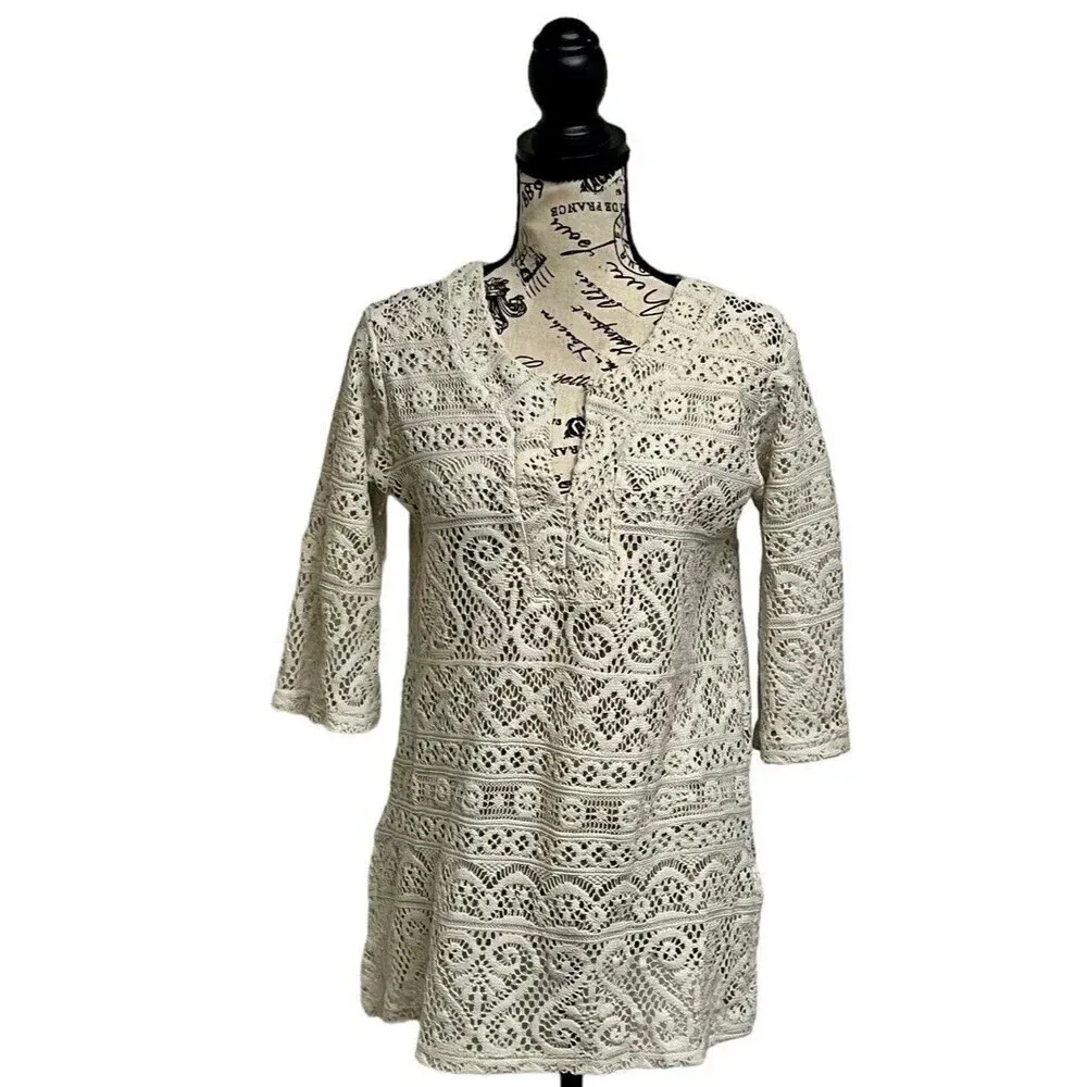J Valdi White Crochet Beach Coverup Mini Dress Sheer Boho Tunic Women’s Hippie S - Image 2