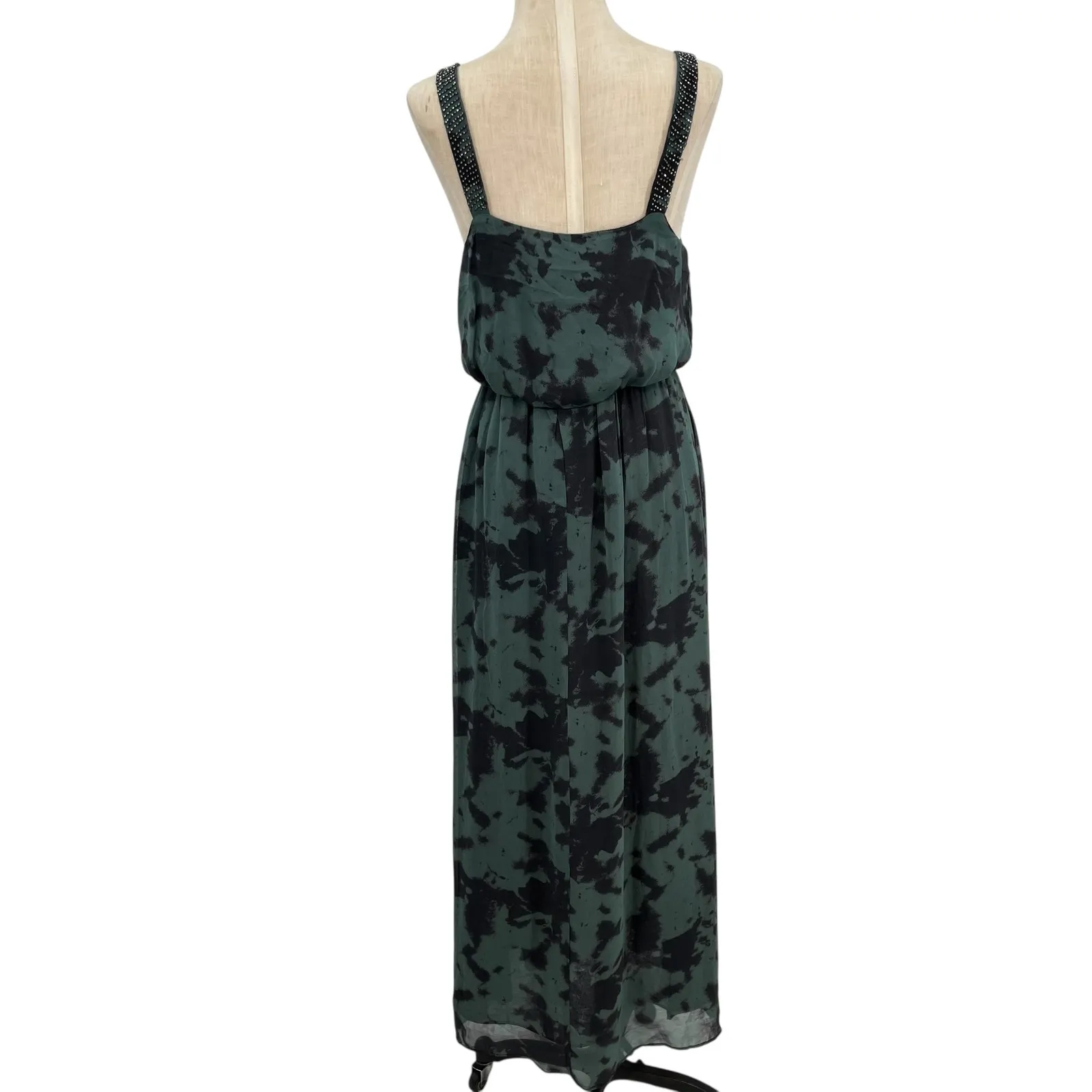 Zara Maxi Dress Tie Dye Printed Chiffon‎ Beaded Straps Green Size Small - Image 10