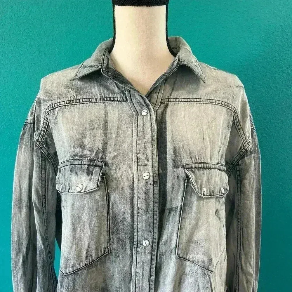 Oli & Hali Acid Wash Denim Cotton Oversized Button Shacket Shirt Jacket Size S Gray - Image 3