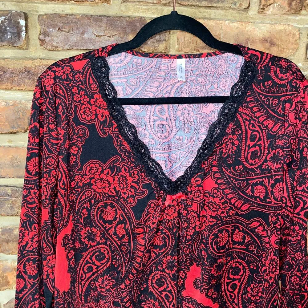 George Black Red Paisley Floral Lace Trim V - Image 2