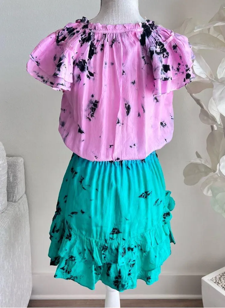 Karina Grimaldi Pink and Teal  Tye Dye Short Sleeve Silk Dress - Image 6