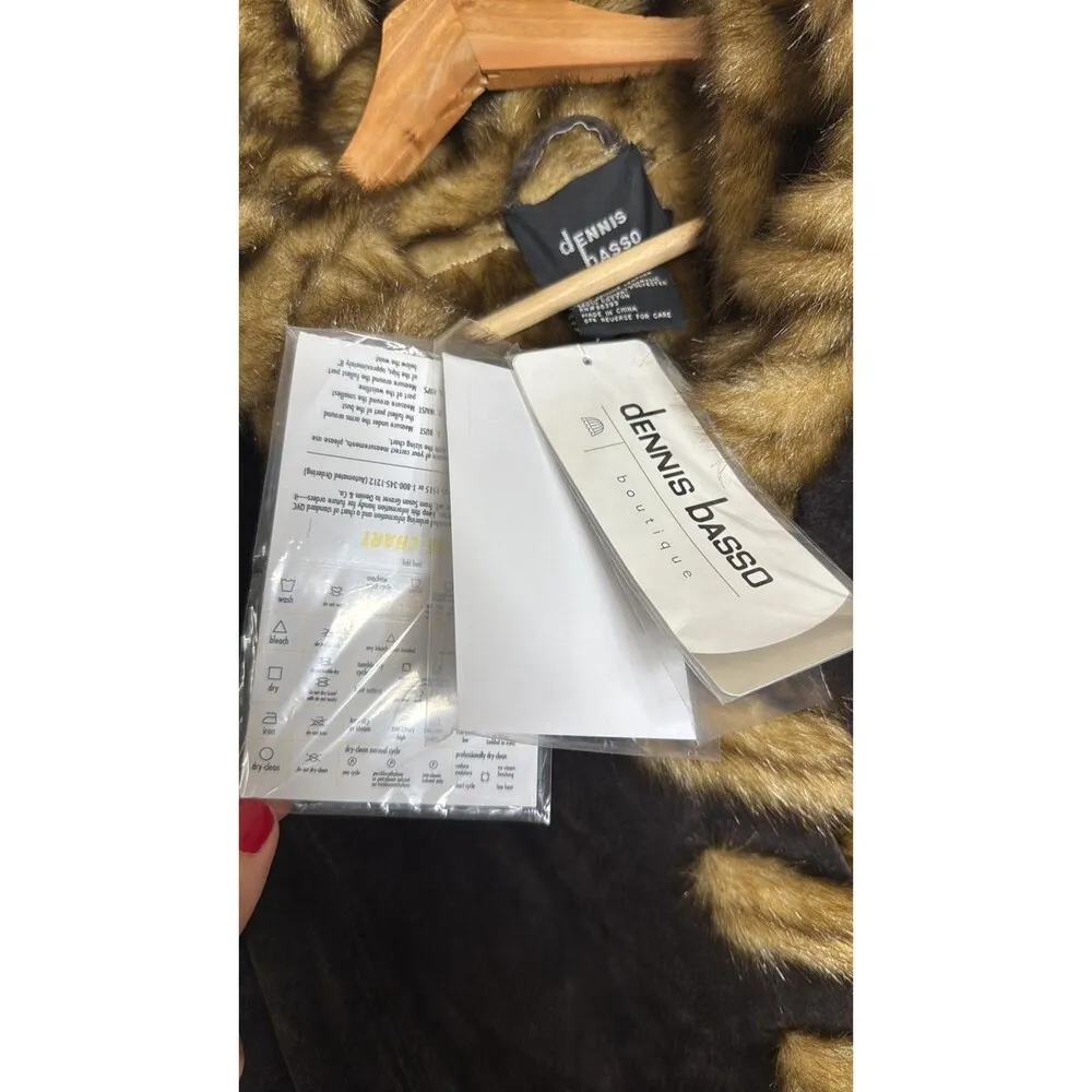 Dennis Basso Coat Womens 2X Brown Leather Faux Fur Trim Hooded Button Long - Image 5