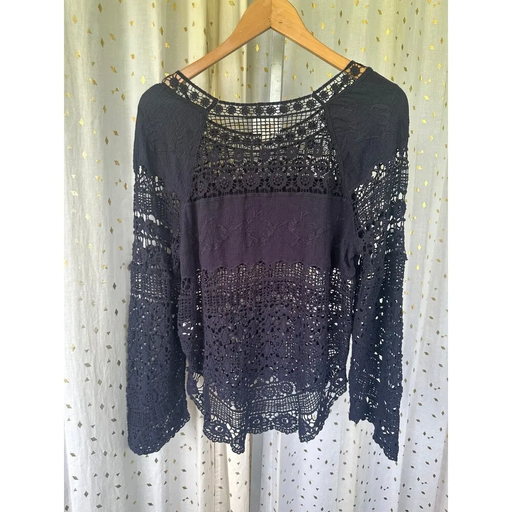 Anthropologie Deletta Navy Bohemian Crochet Lace Embroider Blouse Cover Up Top M - Image 6