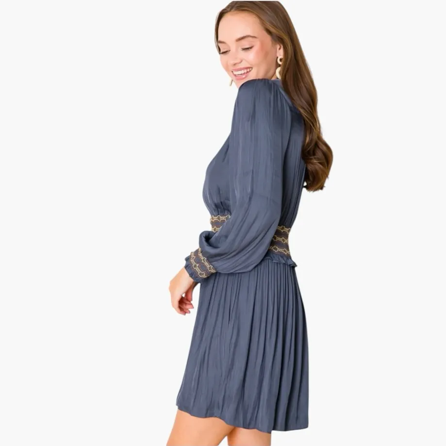 Current Air Stitch Smocking Silk Dress in Navy Blue W2054 Sz XS - Image 5